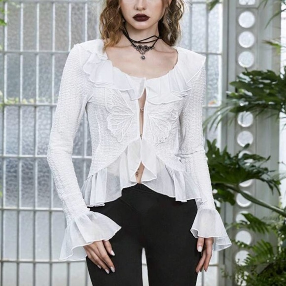ROMWE Tops - Elegant Gothic Whimsical Sheer Butterfly Blouse with Ruffles NWT